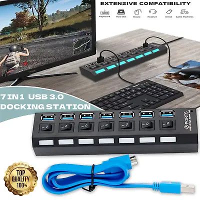 USB 3.0 Hub 7 Port On/Off Switch High Speed Splitter AC Adapter Cable PC Laptop • $10.93