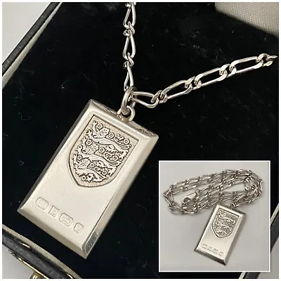 £25 • Buy Vintage Jewellery 925 Silver Three Lions England Ingot Pendant On Figaro Chain