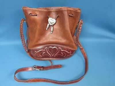 Vintage Brighton Out West Bucket Handbag Purse Brown Leather W/Silver Heart • $24.99