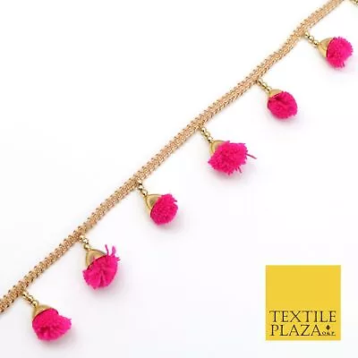 £3.50 • Buy HOT PINK Pom Pom Tassels Indian Woven Gold Trim Ribbon Border Lace Ethnic X261