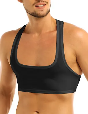 Men Tank Top Sexy Y Back Sleeveless Muscle Half  Vest T-Shirts Sports Bra Tops • £7.77