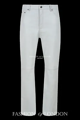 Men's Real Leather Trouser JEANS STYLE' White Lamb Nappa Classic Biker Pants 501 • $97.48