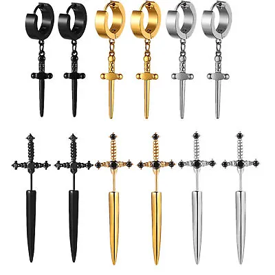 Men Sword Dagger Dangle Stainless Steel Earrings Jewelry Guy Stud Hoops Pierced • $8.89