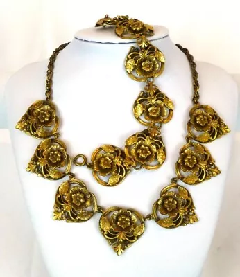 RARE Vintage MAURICE OF HOLLYWOOD Matte Gold-tone Floral Necklace & Bracelet • $199