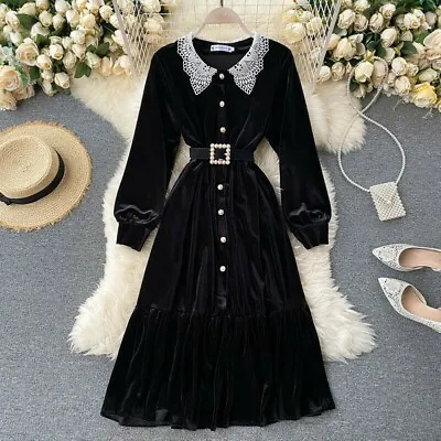 Lady A-line Midi Dress Velvet Velour Long Puff Sleeve Party Elegant Vintage Chic • $50.96