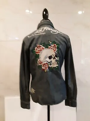 Ed Hardy Christian Audigier Denim Western Cowboy Embroidered Skull Floral L • $80