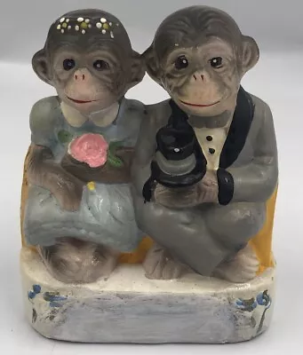 VINTAGE 1960s BRIDE & GROOM Wedding MONKEYS PLASTER CERAMIC MONEY BANK • $23.99