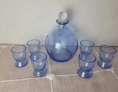 Vintage Cordial Decanter Set Clear Blue Etched Glass • $46.37