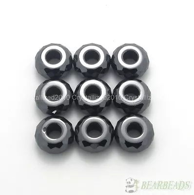 10 Natural Jet Hematite Gemstone Faceted Rondelle Big Hole Charm 7x14mm Beads • £4.62