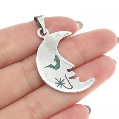 925 Sterling Silver Vintage Mexico Turquoise Gem Crescent Moon Face Pendant • $39.95