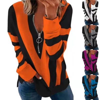 $19.39 • Buy Womens Colourblock Long Sleeve Zipper V-Neck Pullover Top Casual Loose Blouse