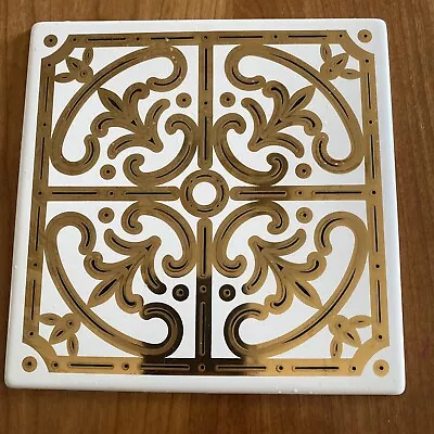 Mid-century Georges Briard Gold And White Fancy Enamel Metal Tile Trivet/coaster • $9