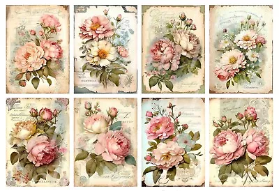 Set Of 8 Vintage Victorian Cottage Roses Collage Cotton Fabric Blocks • $12.95