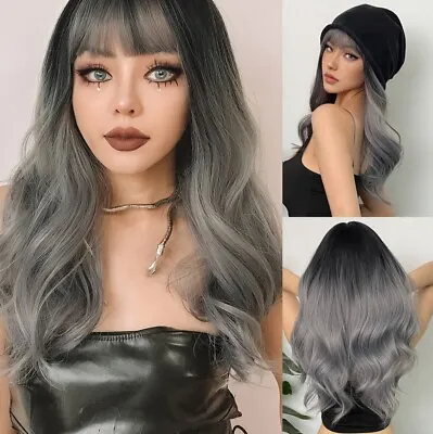 Cosplay Wigs With Bangs Ombre Gray Fashion Heat Resistant Hair Long Wavy • £9.49