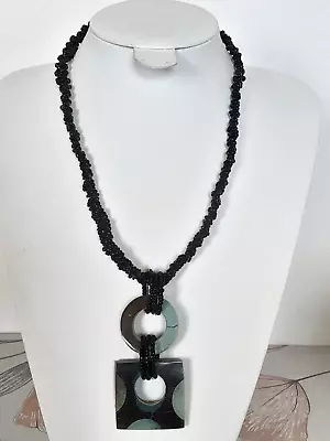 Handmade Black Seed Bead & Double Sided  Horn Pendant Bayadere Necklace H127 • £6.50