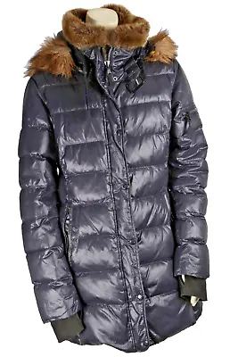 S 13/NYC Black Nylon Faux Fur Trim Hooded Long Puffer Winter Jacket Size L • $69.99