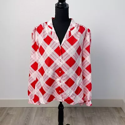 Vintage 70s Pykettes Red White Mod Stripe Button Up Shirt Drapey Large • $39