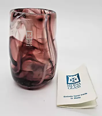 Mdina Malta Vase Purple White Swirl Handblown Art Glass W Sticker Info 4  Signed • $27.99