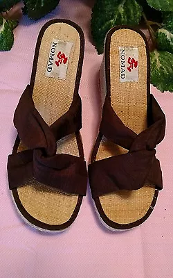 NOMAD Espadrilles Size 9 Ladies 3  High Wedge Brown Fabric Sandal Tops • $8.95