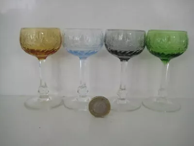 4 X VINTAGE CLASSIC STAR CUT GLASS STEM HARLEQUIN COLOURED SMALL LIQUEUR GLASSES • £29.99