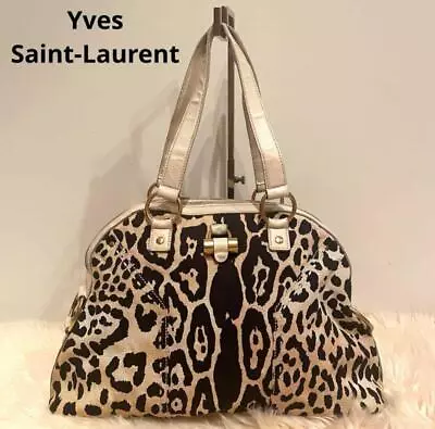 Yves Saint Laurent Tote Bag Ivory Muse Leopard Animal Print Canvas Ladies Used • £152.60