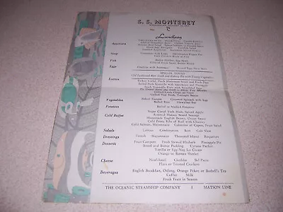 1937 Ss Monterey Luncheon Menu - Oceanic Steamship Company Matson Line • $7.99