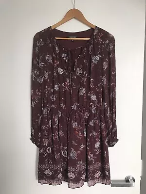 $45 • Buy Forever New, Burgundy Floral European Fabric Long Sleeve Short Dress, Size 6