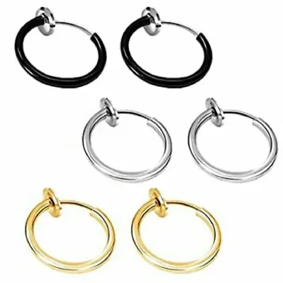 Men Stainless Steel Clip On Non-Piercing Fake Spring Hoop Earrings Sensitive Ear • $4.25