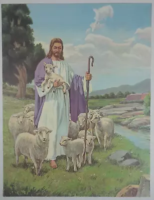 1950s Pastel Biblical Jesus Sheep Shepherd Purple Christian Vtg Frameable Print • $9.15