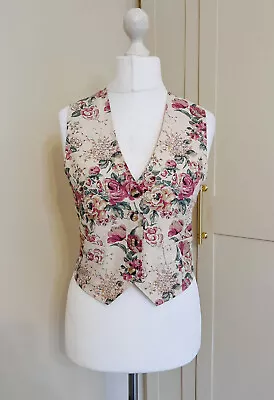 Dorothy Perkins ￼Vintage 90s Floral Print Waistcoast Linen Size 12 Cream • £22