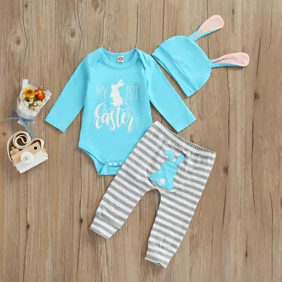 $10.99 • Buy NEW 1st Easter Bunny Rabbit Baby Boys Bodysuit & Pants Hat Outfit Set 