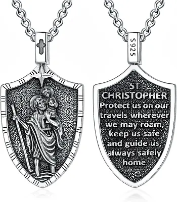 Sterling Silver Saint Christopher Shield Religious Medal Necklace For Men Women • $151.75