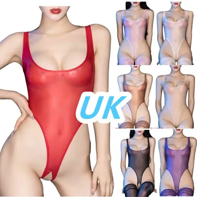 UK Womens Glossy Sheer Bodysuit One Piece High Cut Leotard Crotchless Jumpsuit • £6.89