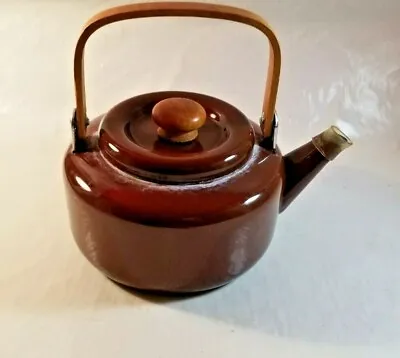 £16.98 • Buy Vintage Brown Baked Enamel Ware Tea Pot Kettle Wooden Handle Very Used