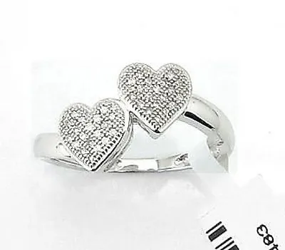 10K White Gold Diamond Ring Micro Pave Diamond Double Heart Cluster .10ct • $164.28
