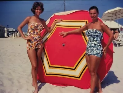 1960s Kodachrome Slide Pretty Women Girls On Beach Swimsuit Umbrella Vtg Photo • $19