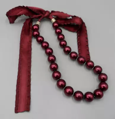 Vintage Faux Pearl Choker Necklace 11 Mm Burgundy Glass Beads Ribbon Ties • $14.95