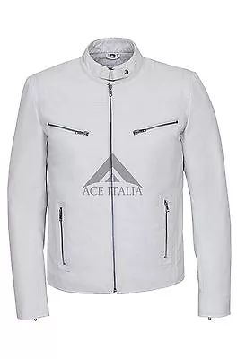 Mens Leather Jacket White Washed Biker Motorcycle Style Real Napa Jacket SR-02 • $119.46