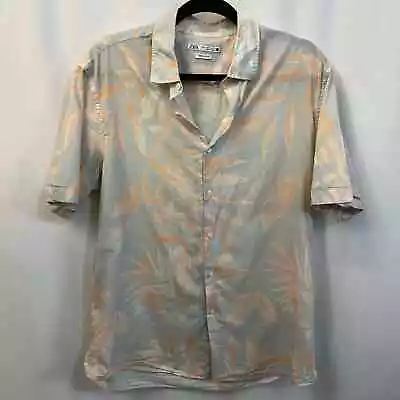 Zara Regular Fit Light Blue Pink Leaf Print Short Sleeve Button 100% Cotton XL • $19.99