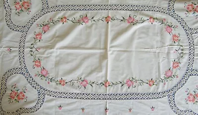 Vintage Embroidered Cross Stitch Crocheted Lace Floral Oval Tablecloth 68  X 82  • $30