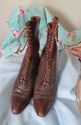 ANTIQUE Victorian Edwardian Ladies LEATHER HIGH TOP BOOTS Shoes LACE UP • $55