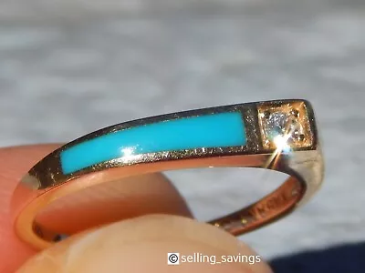 14k Solid Yellow Gold Kabana Diamond & Turquoise Inlay Hawaiian Ring Size 5 • $495