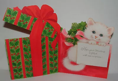 UNUSED- 2 Images - White Christmas Kitten Cat In Gift Box - 1960's Vintage Card • $11.75