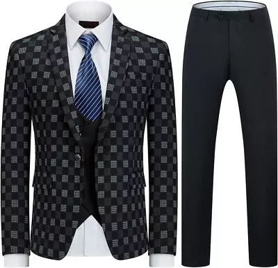 Mens Plaid Suit Slim Fit 3 Pieces Casual Checked Vintage Tuxedo Suit For Men For • $217.48