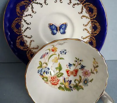 Vintage Aynsley Cottage Garden Cobalt Blue Cup And Butterfly Saucer [18c] • £27.50