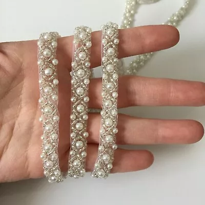 £3.99 • Buy Pearl Beaded Trim Ribbon Chain Bridal Sash Diamante Wedding Belt Hat Bag Craft