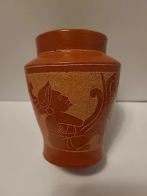 Vintage Etched Mayan Redware Vase Pottery Native American Aztec Mayan Inca 4  H • $40