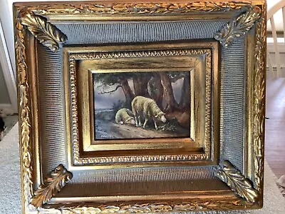 Vintage Oil Painting Landscape Sheep Grazing Small Gilt Gold Frame Signed Marten • $299