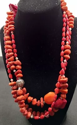 Vintage Silver Tone Orange/Red Jasper Stone Beaded 60” Necklace 287 • $10.99