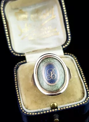 Antique Georgian Mourning Ring 18ct Gold Hairwork 18th Century Blue Enamel • $2166.73